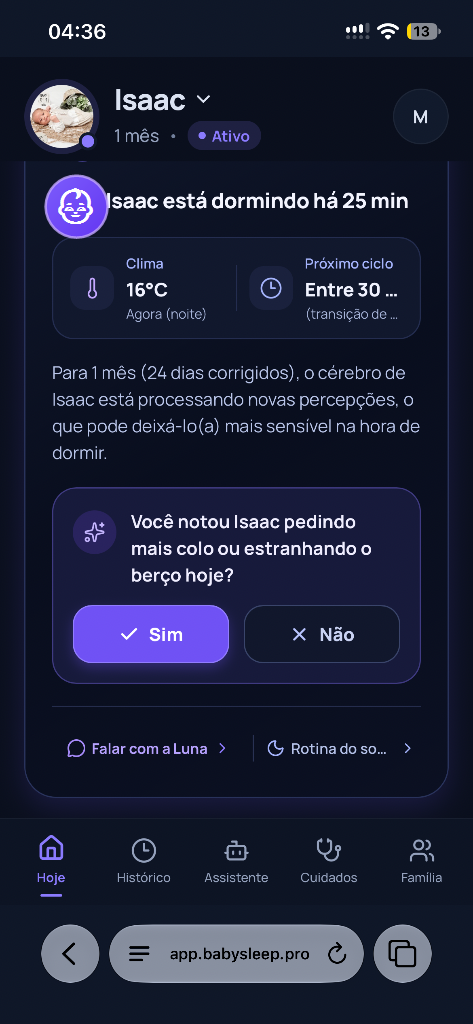 Painel do BabySleep no Smartphone