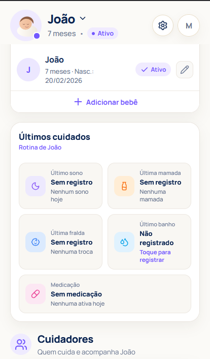 Painel de cuidados do bebê e acompanhamento de cuidadores