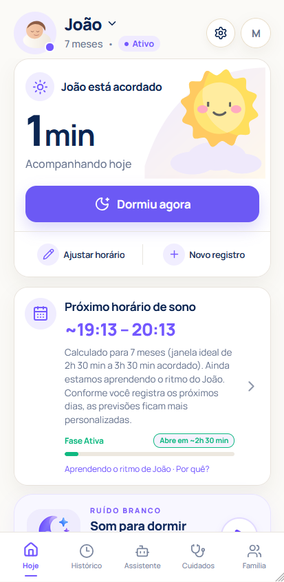 Tela inicial do BabySleep com monitoramento de sono e previsão inteligente de soneca