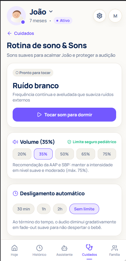 Controles de som relaxante e ruído branco pediátrico
